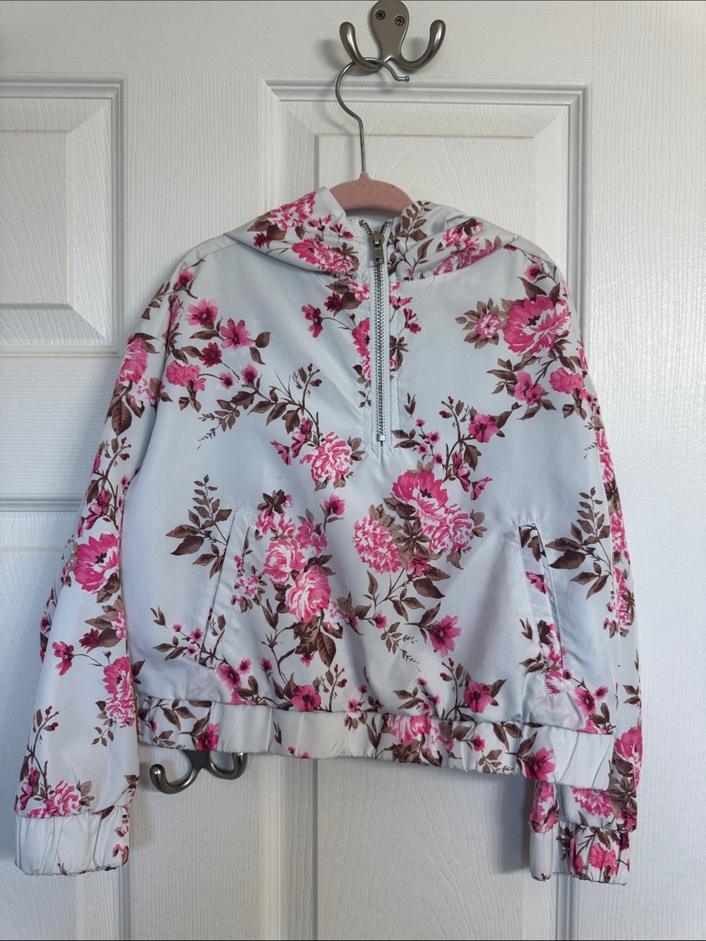 Forever 21 Pink Floral Half-Zip Hooded Windbreaker on Light Blue